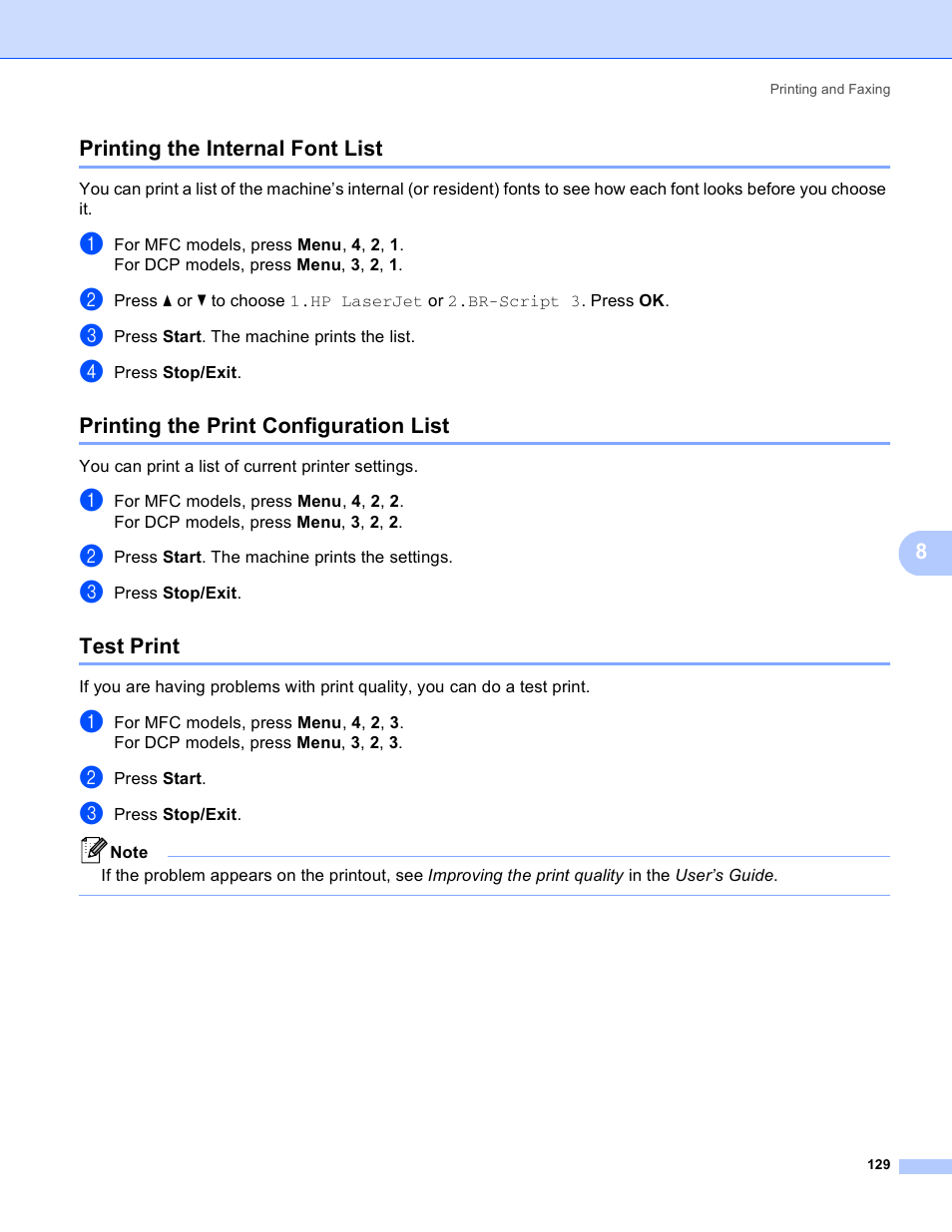 Printing the internal font list, Printing the print configuration list, Test print | 8printing the internal font list | Brother MFC 8480DN User Manual | Page 137 / 229