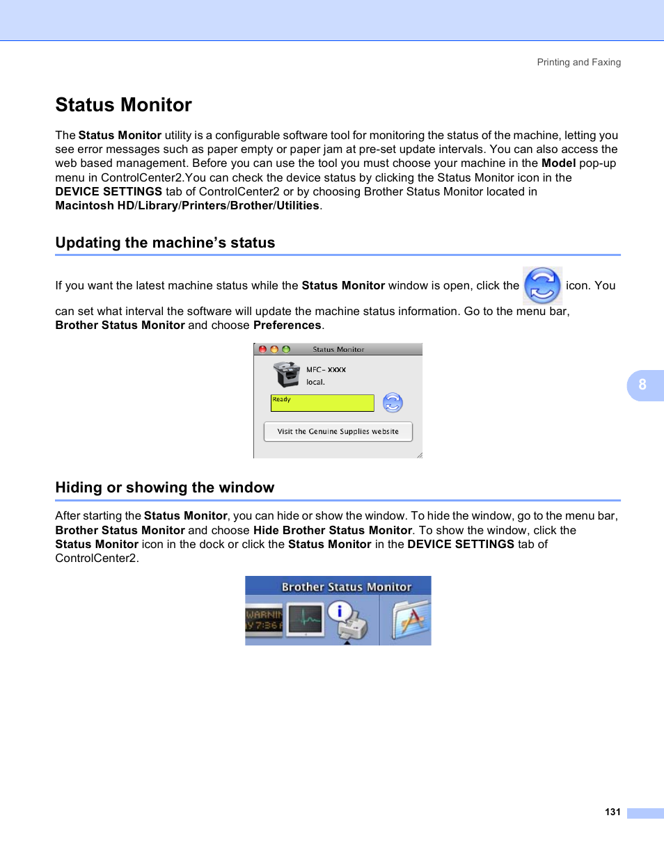 Status monitor, Updating the machine’s status, Hiding or showing the window | Brother MFC 8480DN User Manual | Page 139 / 229