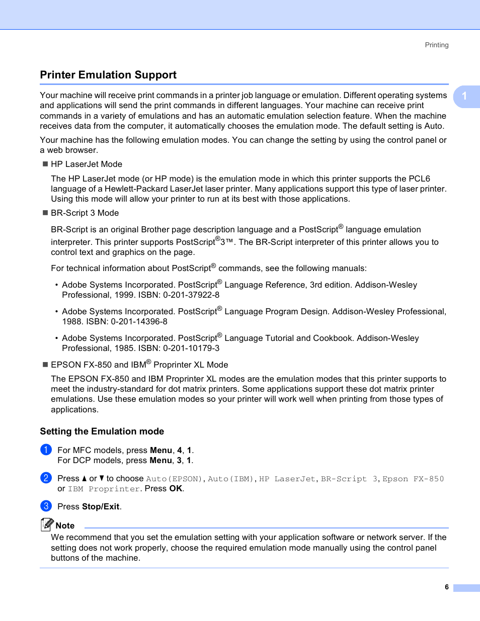 Printer emulation support, Setting the emulation mode, 1printer emulation support | Brother MFC 8480DN User Manual | Page 14 / 229