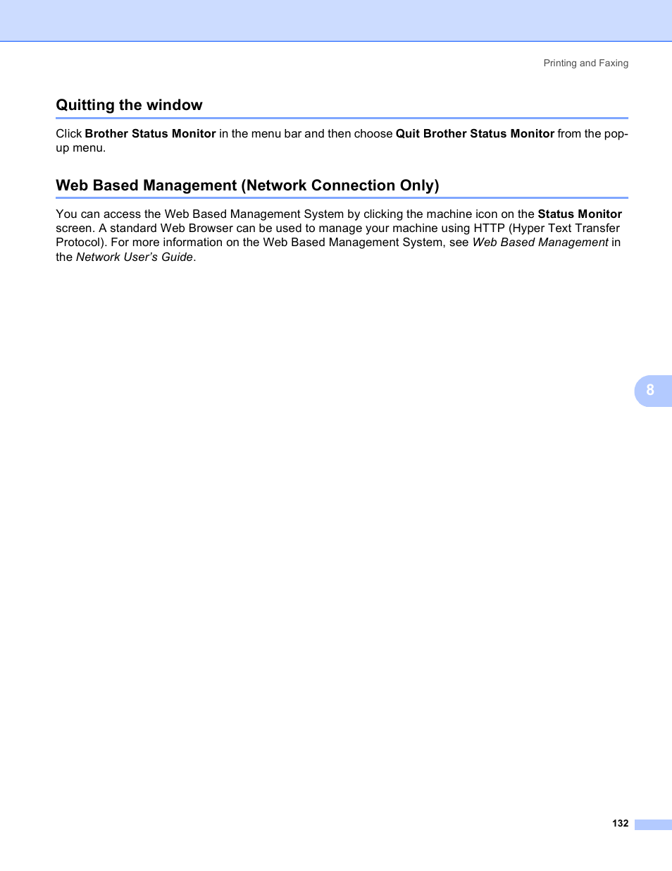 Quitting the window, Web based management (network connection only), 8quitting the window | Brother MFC 8480DN User Manual | Page 140 / 229