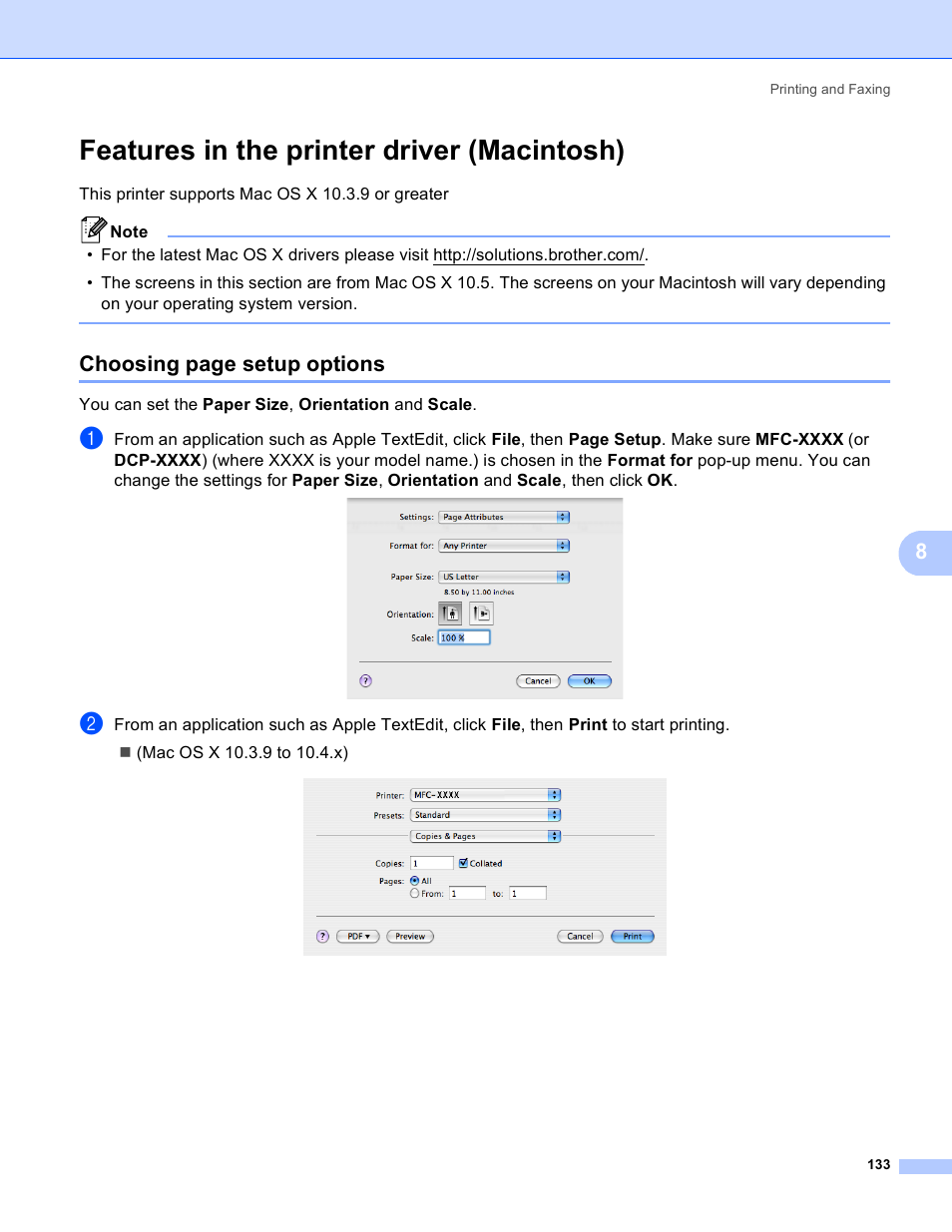 Features in the printer driver (macintosh), Choosing page setup options | Brother MFC 8480DN User Manual | Page 141 / 229