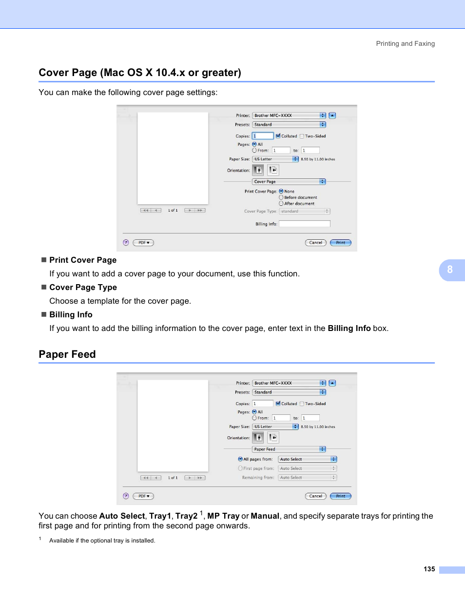 Paper feed, 8cover page (mac os x 10.4.x or greater) | Brother MFC 8480DN User Manual | Page 143 / 229