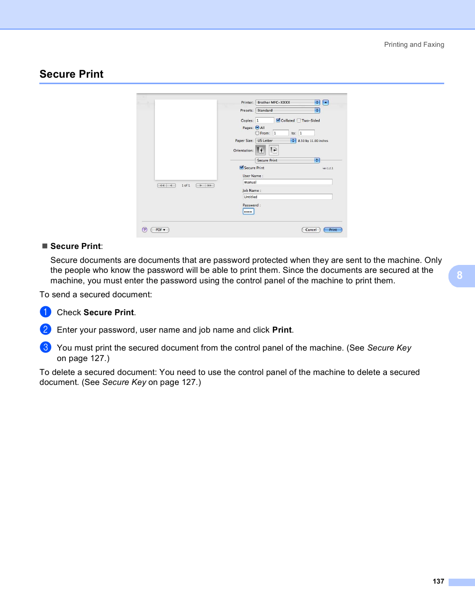 Secure print, 8secure print | Brother MFC 8480DN User Manual | Page 145 / 229