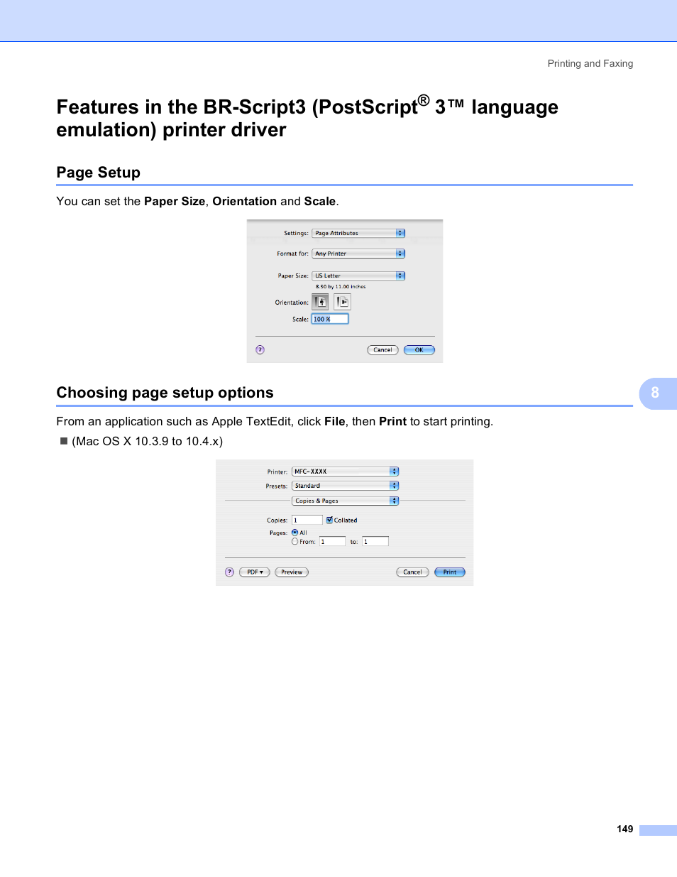 Features in the br-script3 (postscript, 3™ language emulation) printer driver, Page setup | Choosing page setup options | Brother MFC 8480DN User Manual | Page 157 / 229