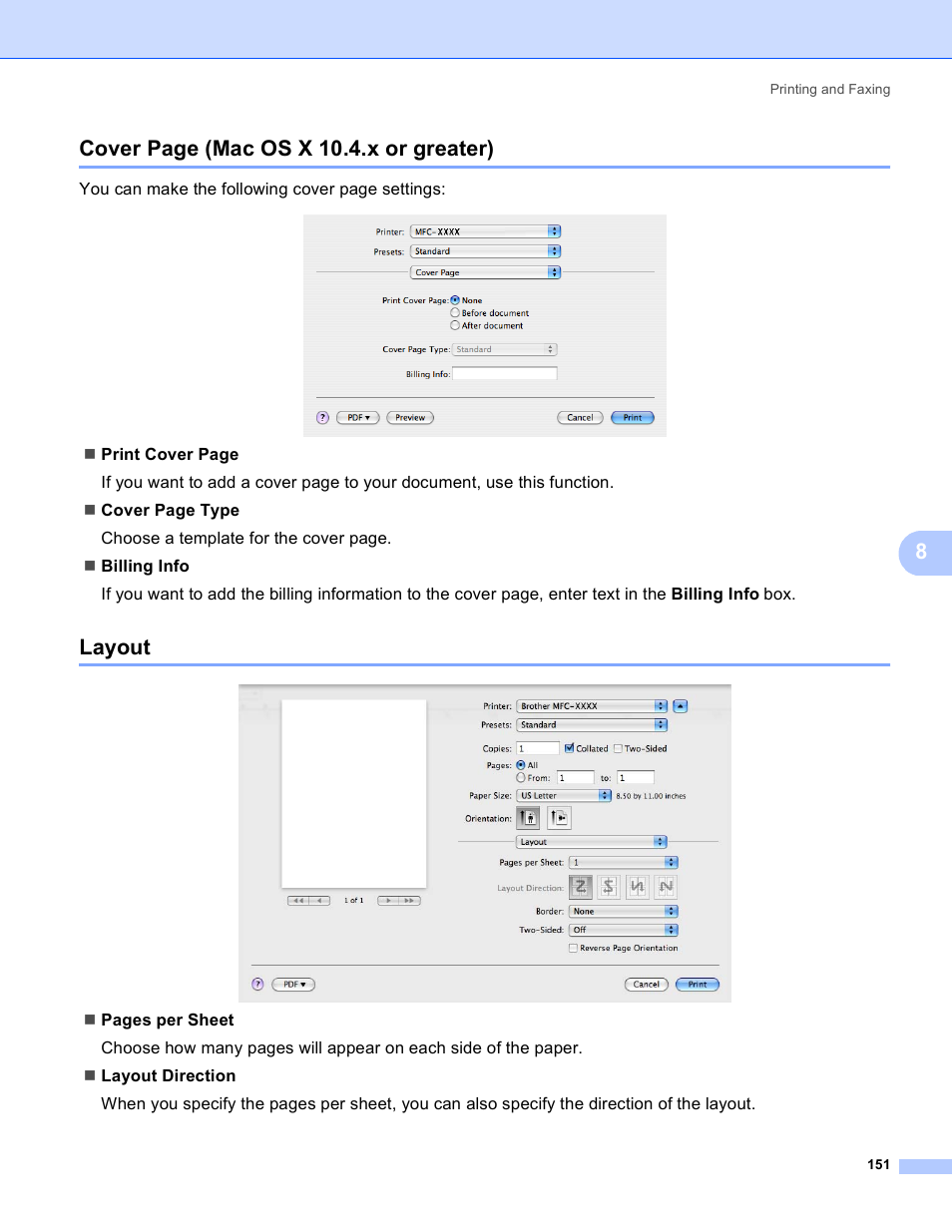 Layout, 8cover page (mac os x 10.4.x or greater) | Brother MFC 8480DN User Manual | Page 159 / 229