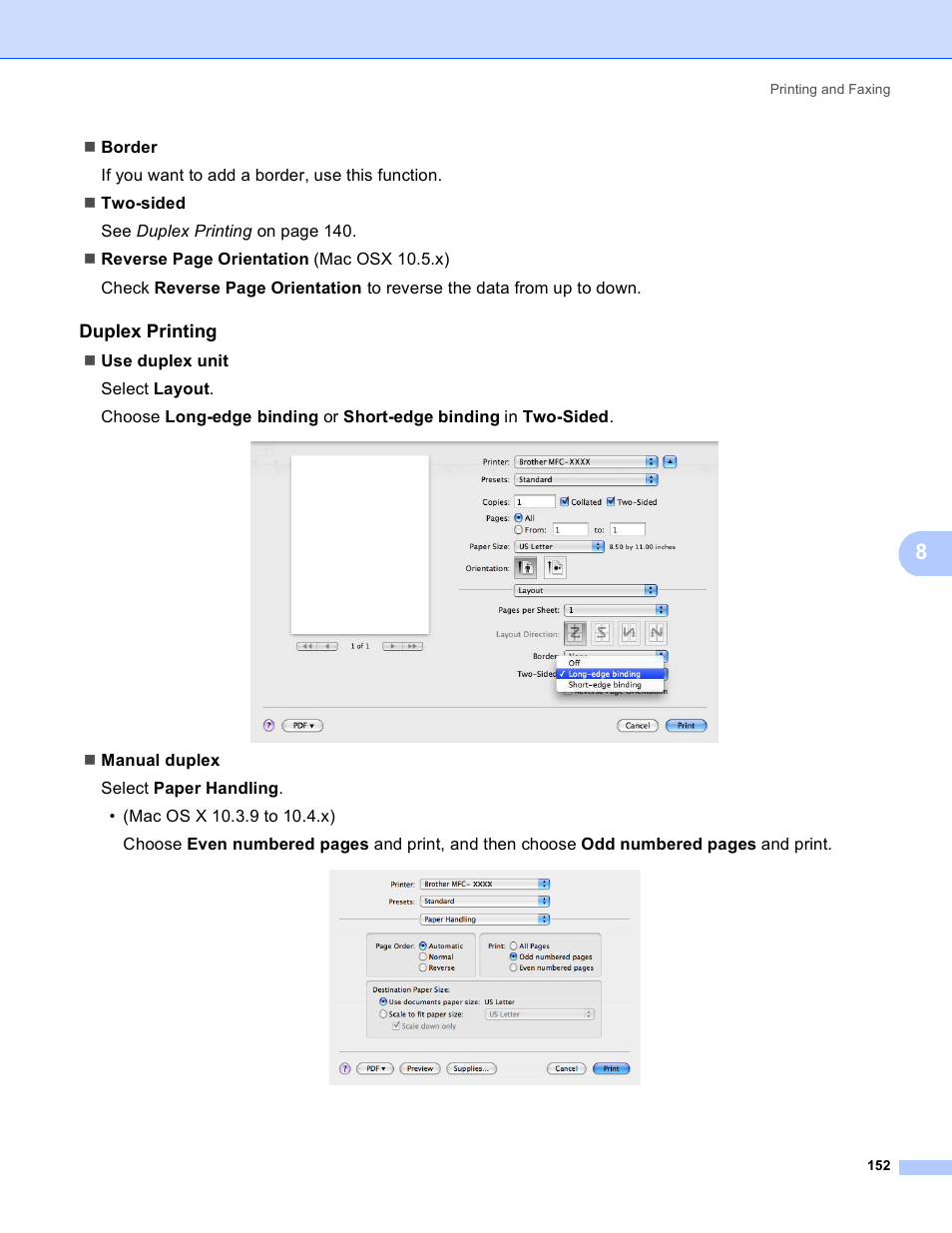 Duplex printing | Brother MFC 8480DN User Manual | Page 160 / 229