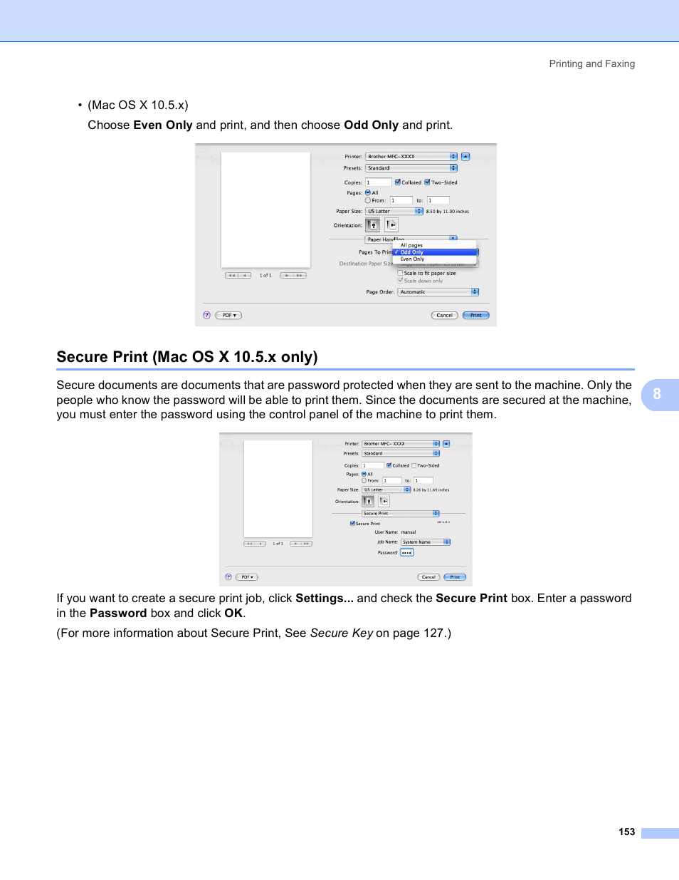 Secure print (mac os x 10.5.x only) | Brother MFC 8480DN User Manual | Page 161 / 229