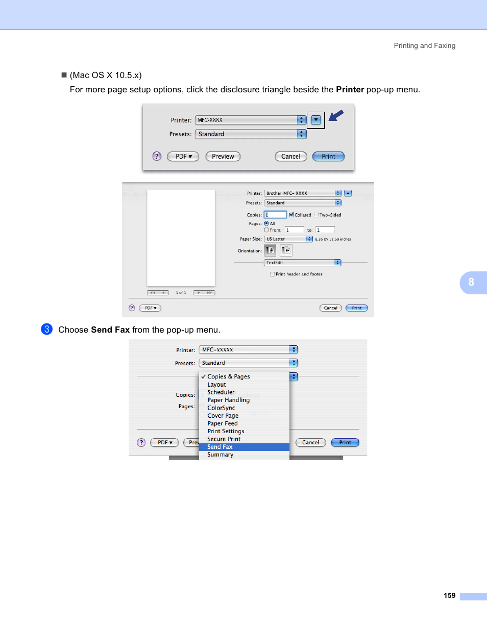 Choose send fax from the pop-up menu | Brother MFC 8480DN User Manual | Page 167 / 229