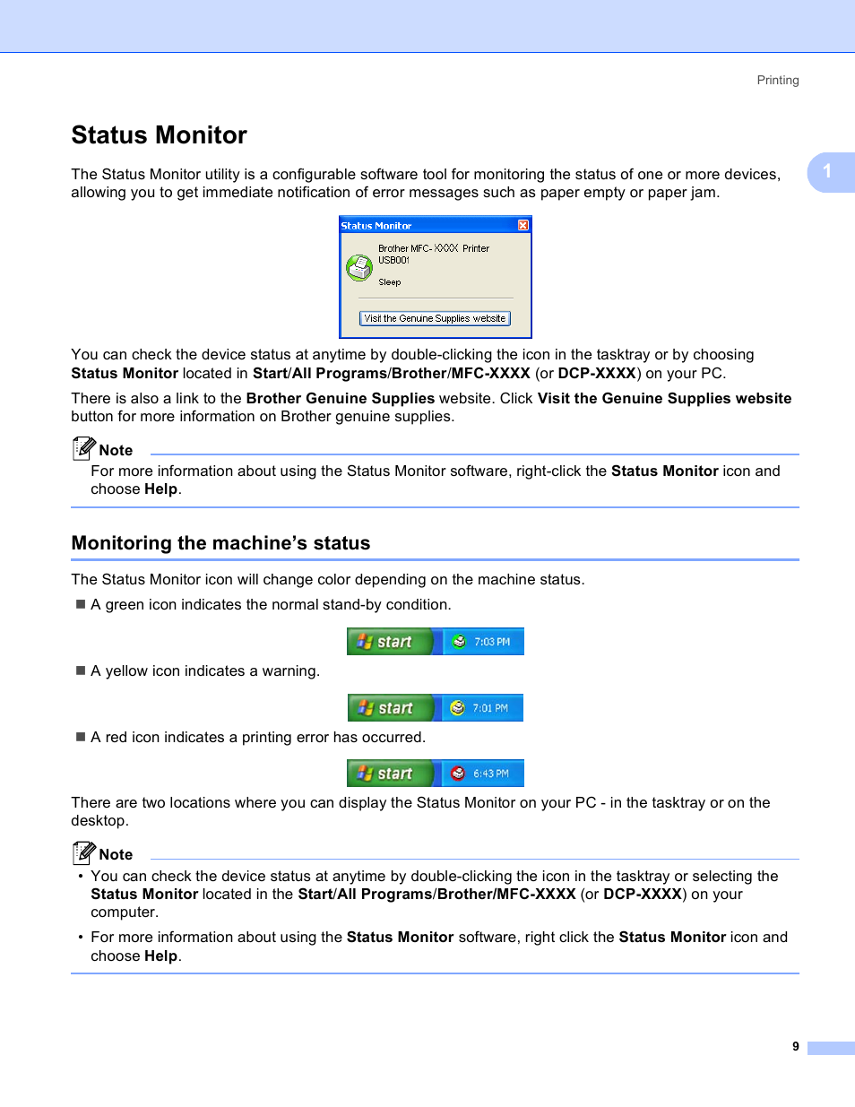 Status monitor, Monitoring the machine’s status | Brother MFC 8480DN User Manual | Page 17 / 229