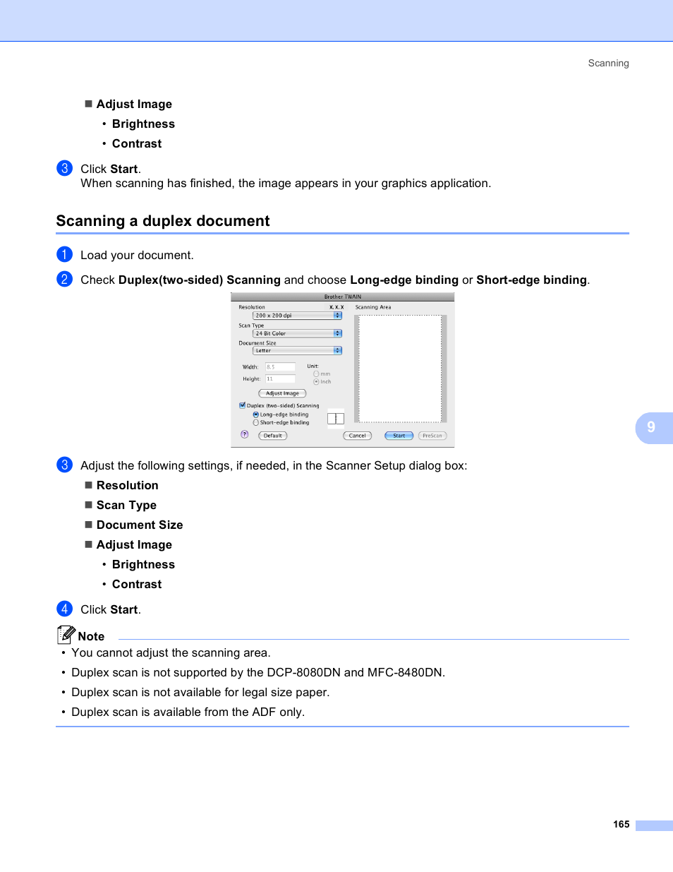 Scanning a duplex document | Brother MFC 8480DN User Manual | Page 173 / 229