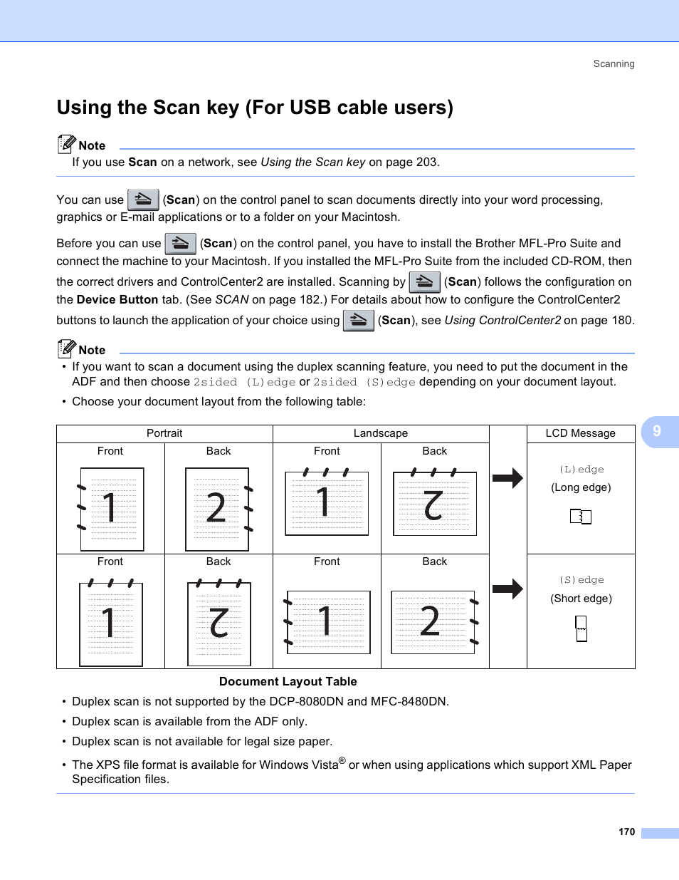 Using the scan key (for usb cable users) | Brother MFC 8480DN User Manual | Page 178 / 229