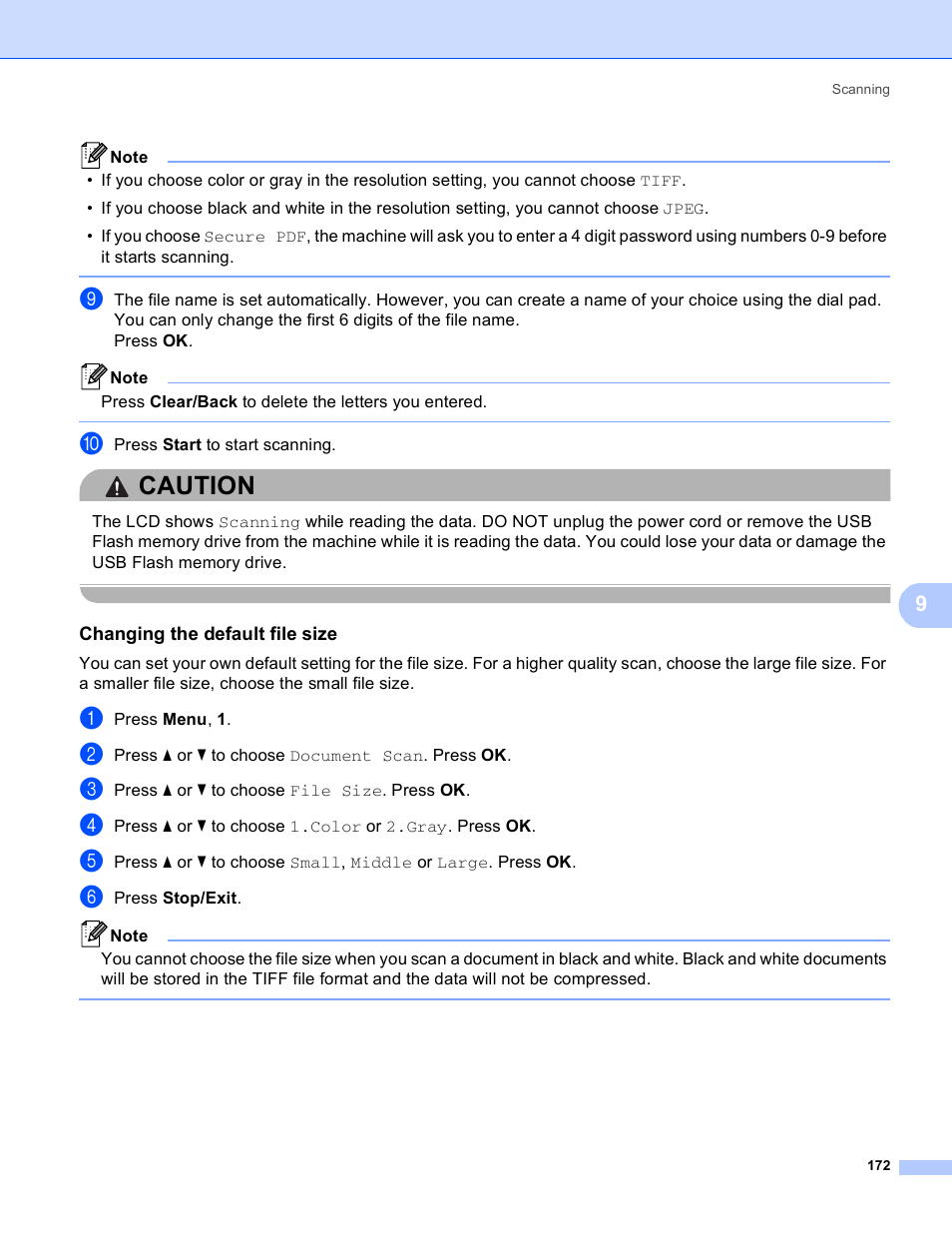 Changing the default file size, Caution | Brother MFC 8480DN User Manual | Page 180 / 229