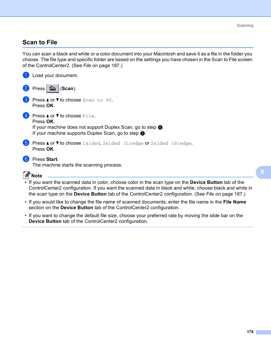 Scan to file, 9scan to file | Brother MFC 8480DN User Manual | Page 184 / 229