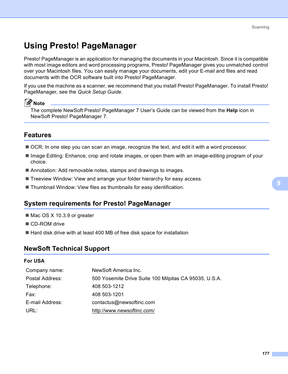 Features, Newsoft technical support, Using presto! pagemanager | System requirements for presto! pagemanager | Brother MFC 8480DN User Manual | Page 185 / 229