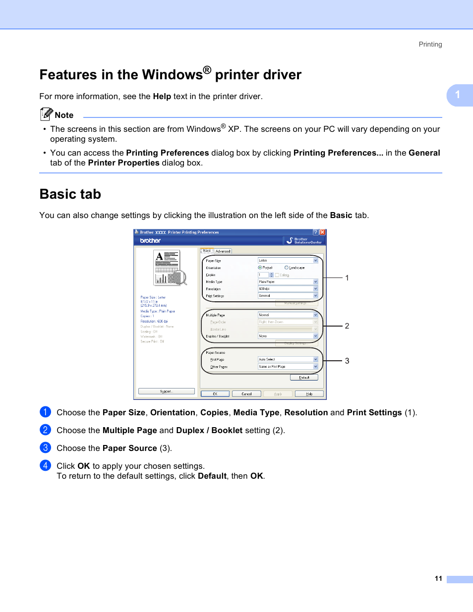 Features in the windows® printer driver, Basic tab, Features in the windows | Printer driver | Brother MFC 8480DN User Manual | Page 19 / 229