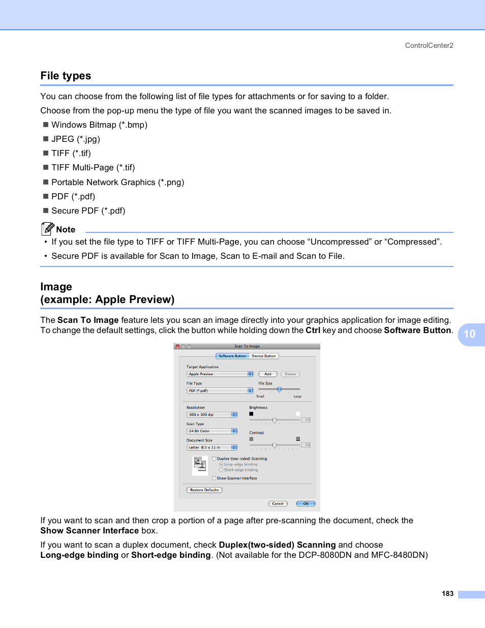 File types, Image (example: apple preview), File types image | Example: apple preview), 10 file types | Brother MFC 8480DN User Manual | Page 191 / 229