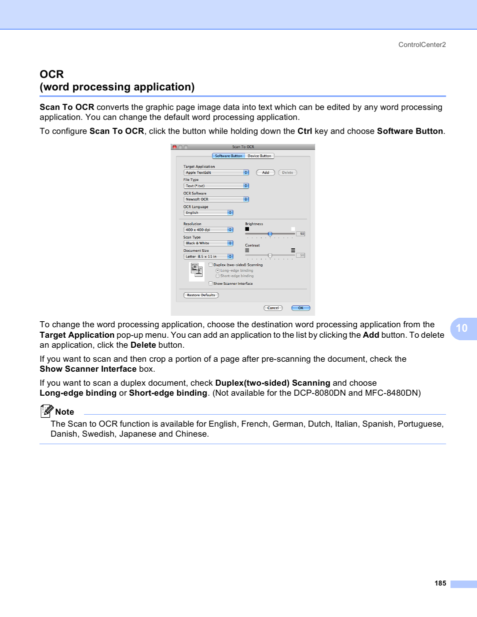 Ocr (word processing application), Word processing application), 10 ocr (word processing application) | Brother MFC 8480DN User Manual | Page 193 / 229