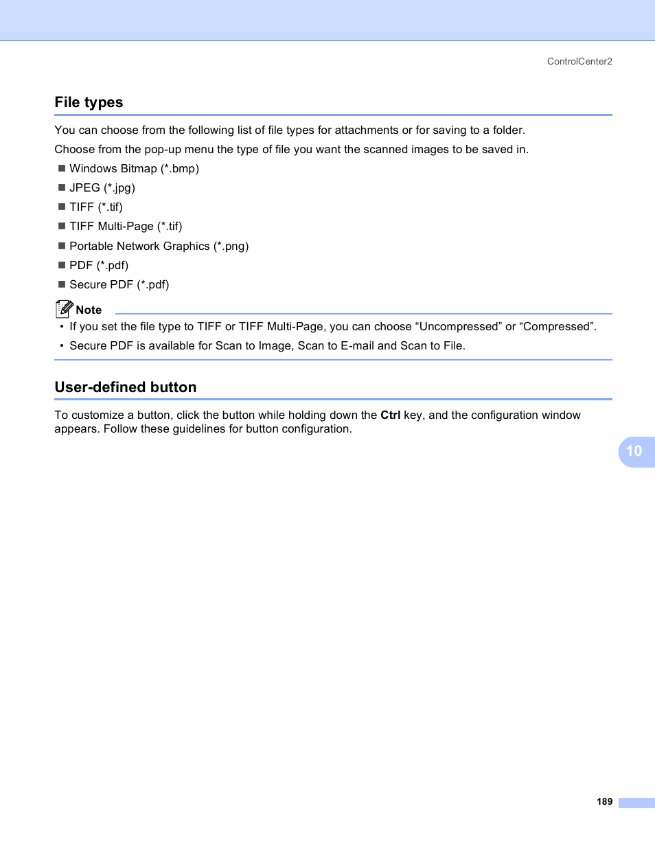 File types, User-defined button, File types user-defined button | 10 file types | Brother MFC 8480DN User Manual | Page 197 / 229