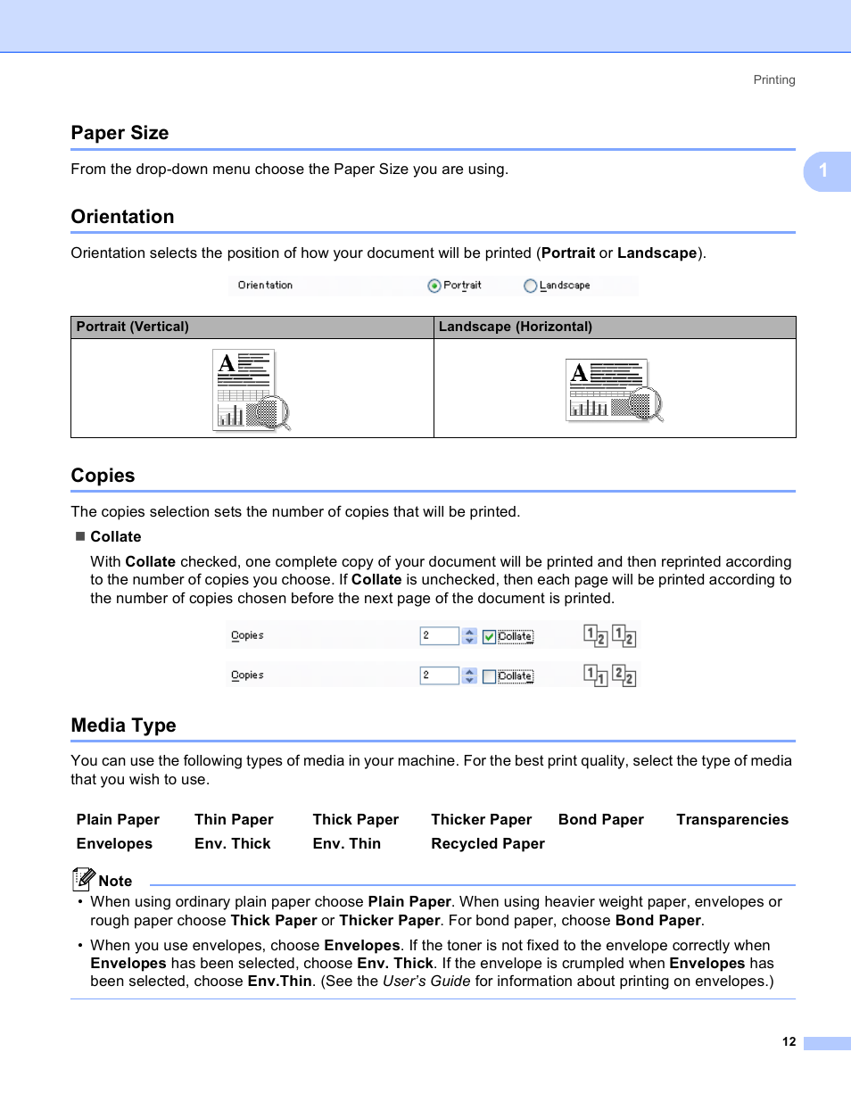 Paper size, Orientation, Copies | Media type, Paper size orientation copies media type, 1paper size | Brother MFC 8480DN User Manual | Page 20 / 229