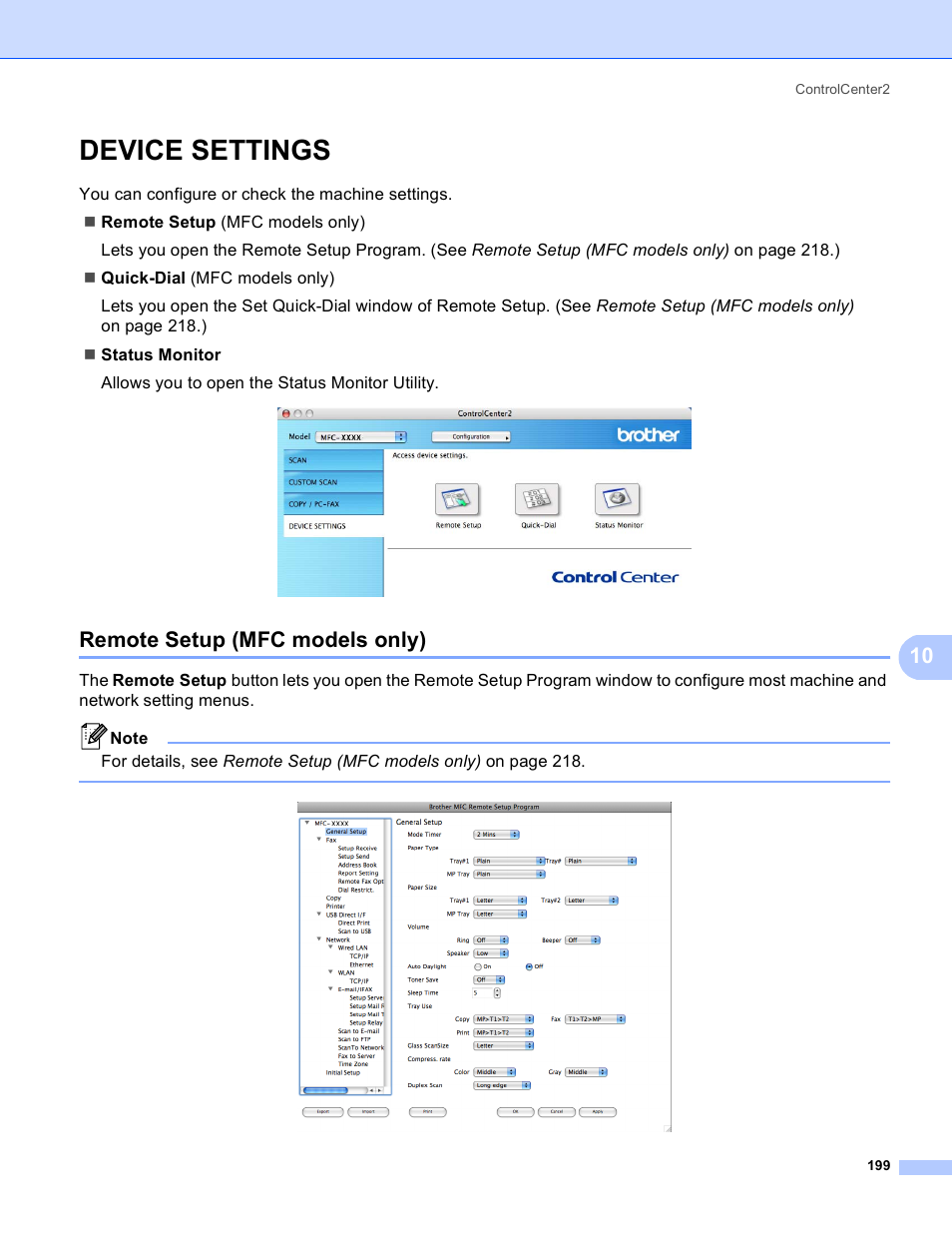 Device settings, Remote setup (mfc models only) | Brother MFC 8480DN User Manual | Page 207 / 229