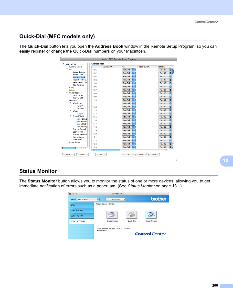 Quick-dial (mfc models only), Status monitor, Quick-dial (mfc models only) status monitor | 10 quick-dial (mfc models only) | Brother MFC 8480DN User Manual | Page 208 / 229