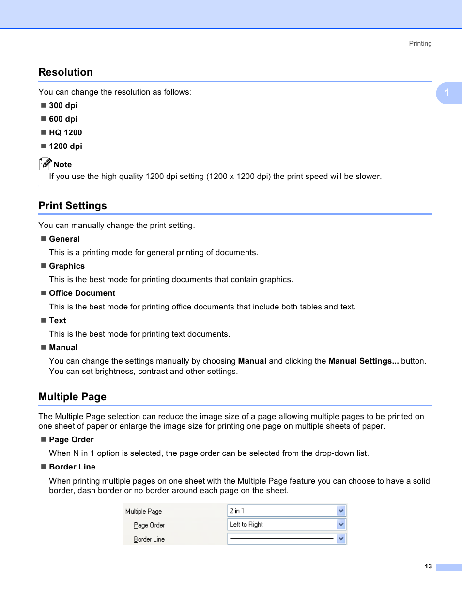 Resolution, Print settings, 1resolution | Multiple page | Brother MFC 8480DN User Manual | Page 21 / 229