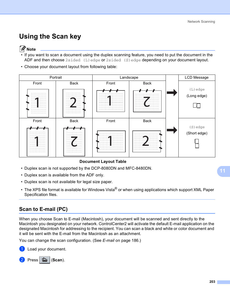 Using the scan key, Scan to e-mail (pc), Load your document | Press ( scan ) | Brother MFC 8480DN User Manual | Page 211 / 229