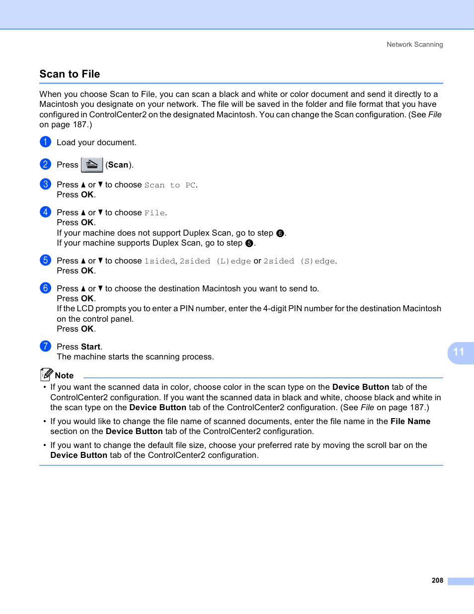 Scan to file, 11 scan to file | Brother MFC 8480DN User Manual | Page 216 / 229