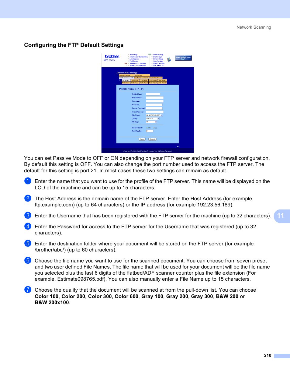 Configuring the ftp default settings | Brother MFC 8480DN User Manual | Page 218 / 229