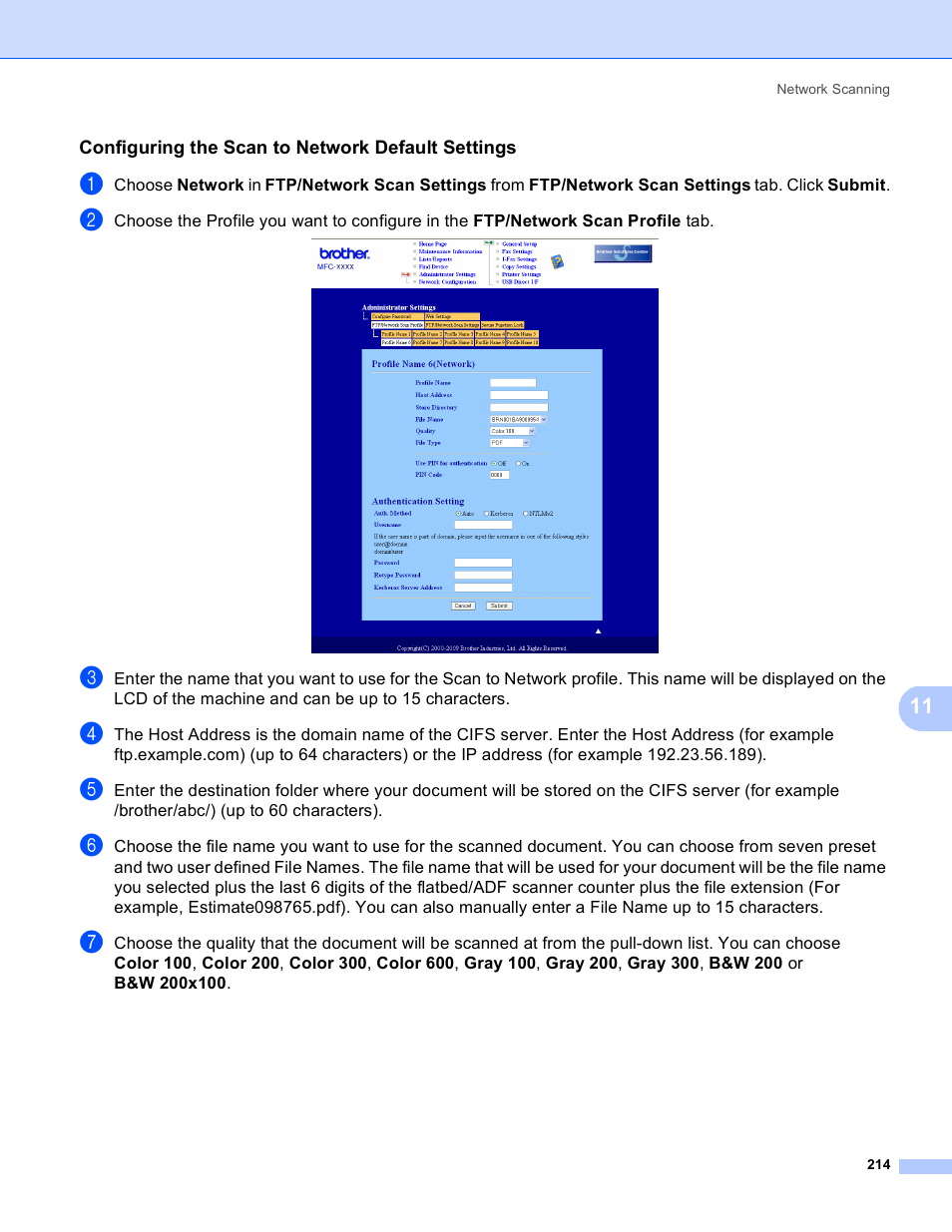 Configuring the scan to network default settings | Brother MFC 8480DN User Manual | Page 222 / 229