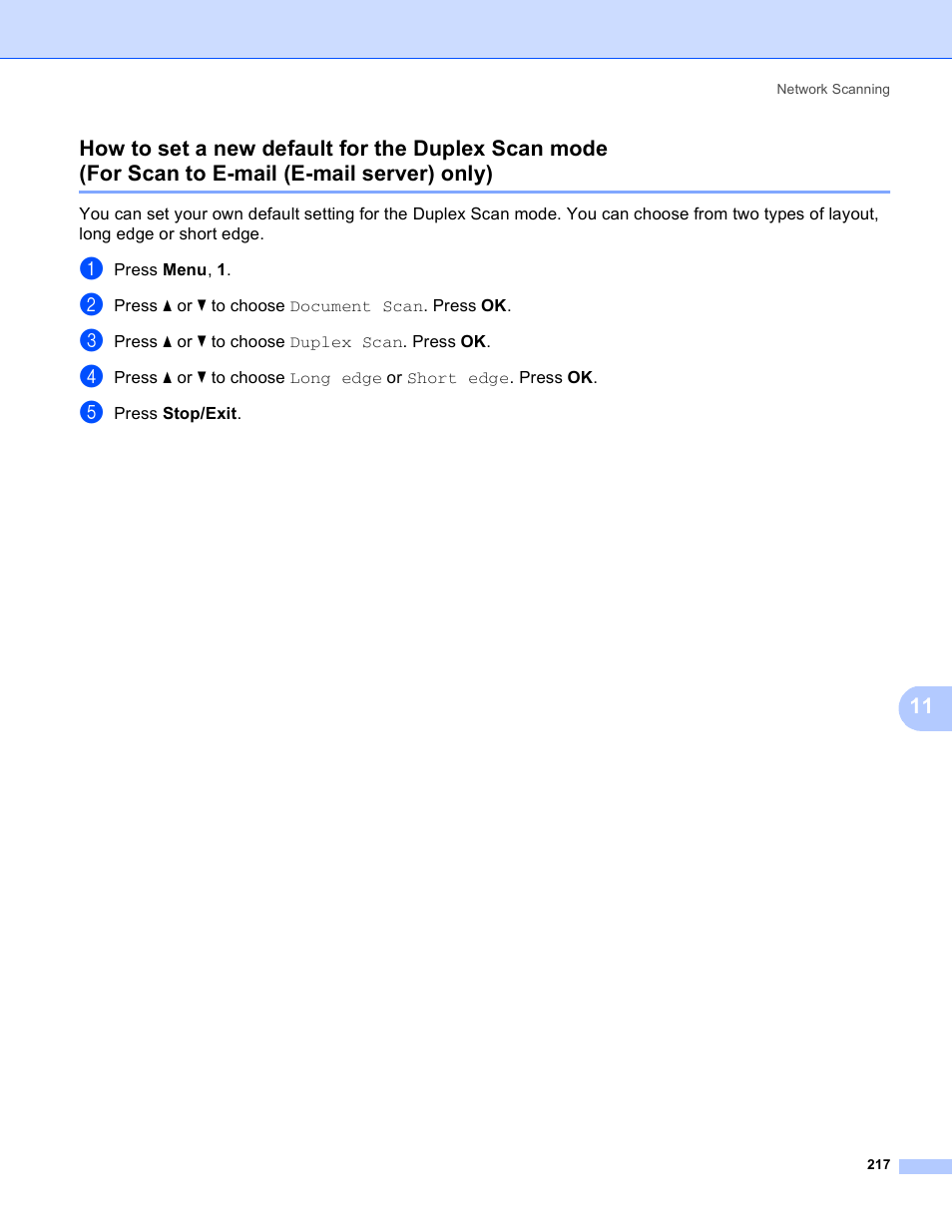 How to set a new default for the duplex scan mode, For scan to e-mail (e-mail server) only) | Brother MFC 8480DN User Manual | Page 225 / 229