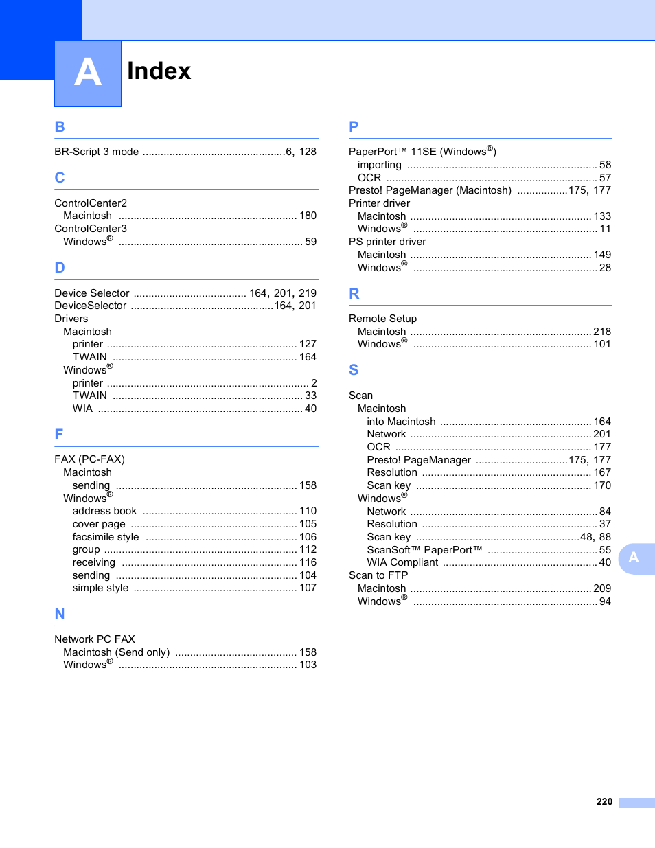 Index | Brother MFC 8480DN User Manual | Page 228 / 229