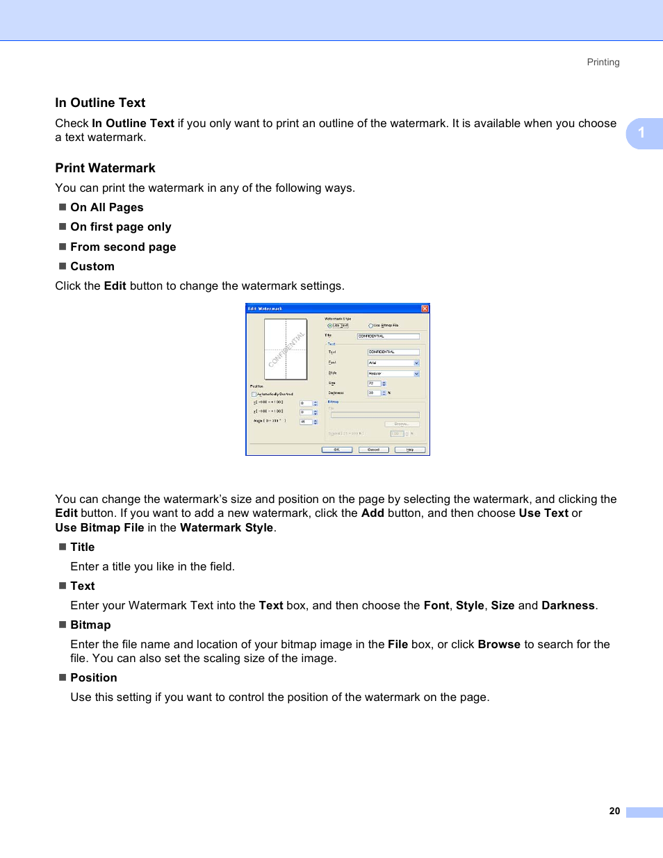 In outline text, Print watermark | Brother MFC 8480DN User Manual | Page 28 / 229