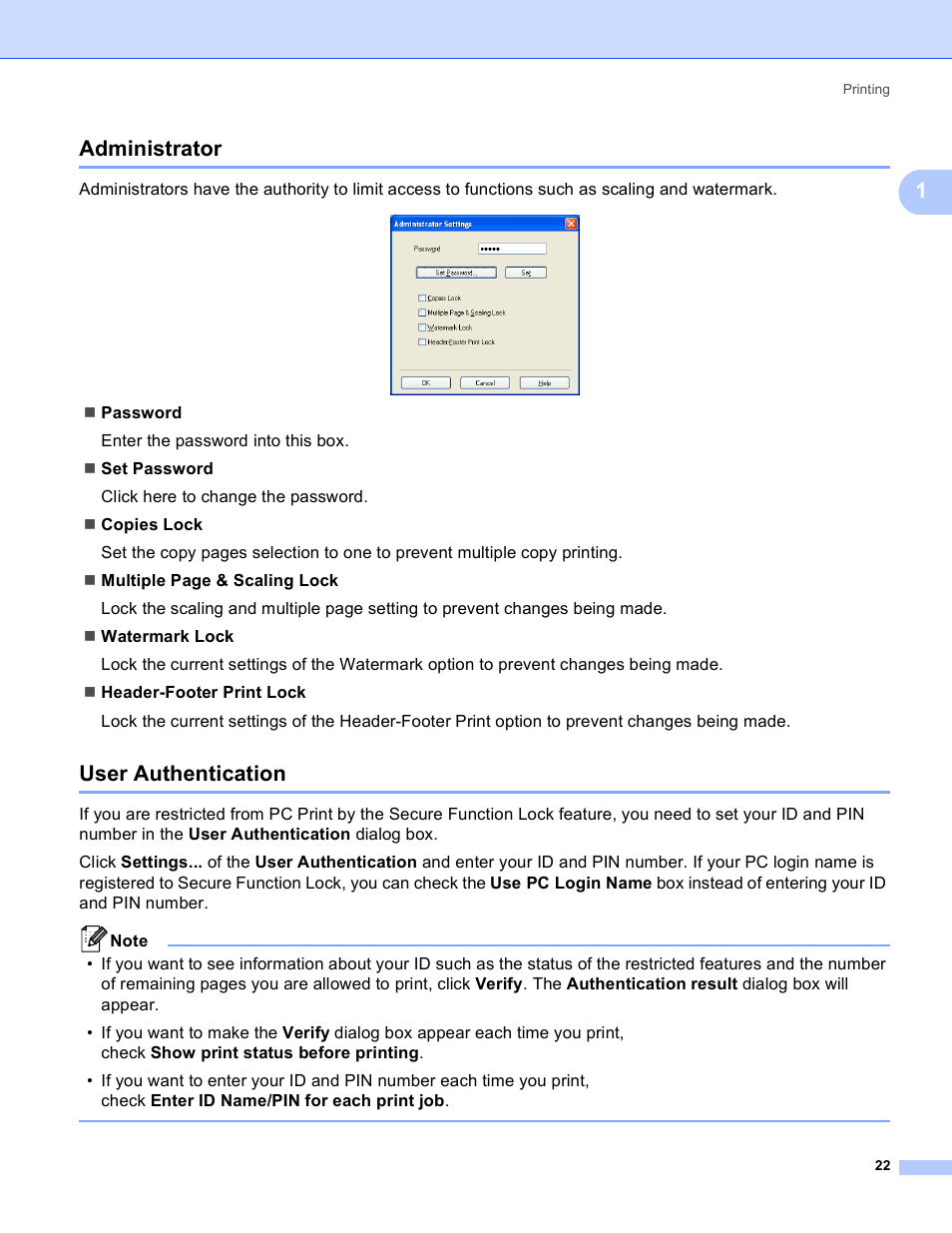 Administrator, User authentication, Administrator user authentication | 1administrator | Brother MFC 8480DN User Manual | Page 30 / 229