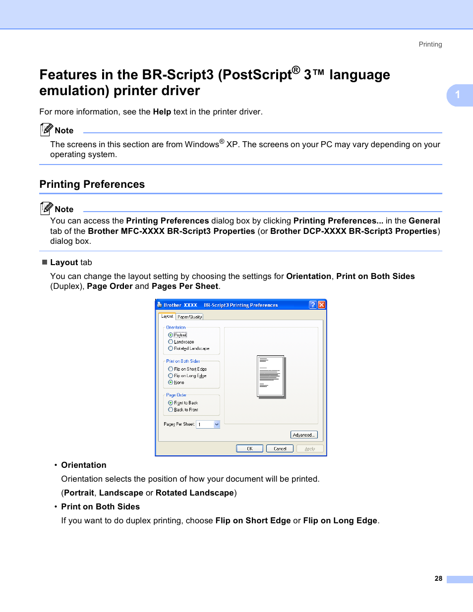 Printing preferences, Features in the br-script3 (postscript, 3™ language emulation) printer driver | Brother MFC 8480DN User Manual | Page 36 / 229