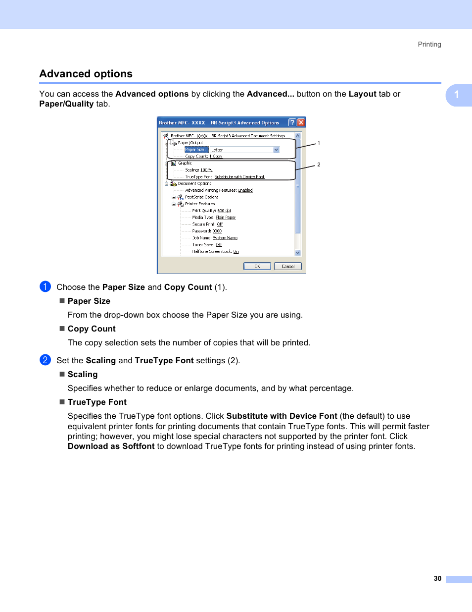 Advanced options, 1advanced options | Brother MFC 8480DN User Manual | Page 38 / 229