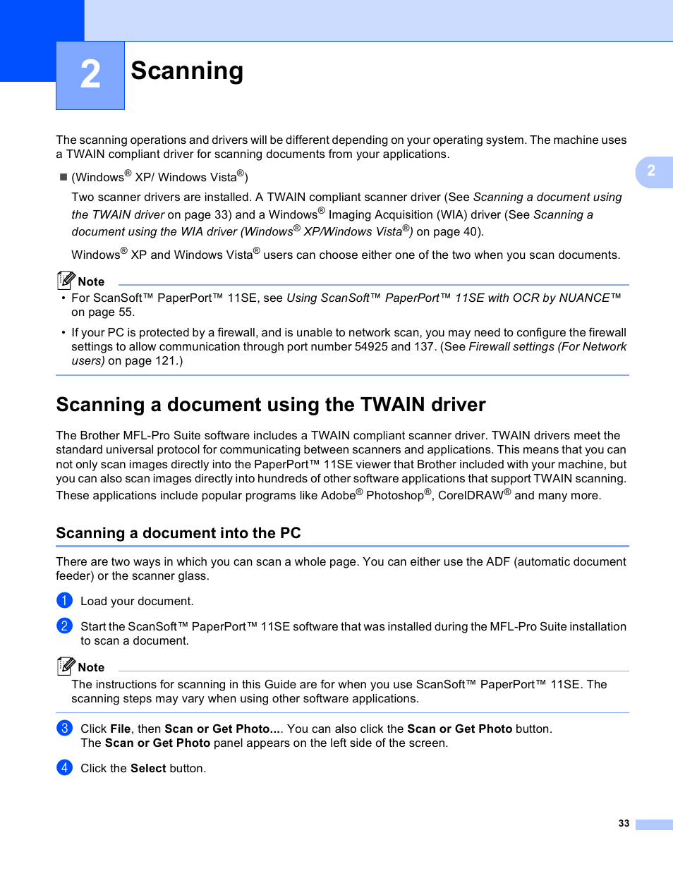 Scanning, Scanning a document using the twain driver, Scanning a document into the pc | Brother MFC 8480DN User Manual | Page 41 / 229