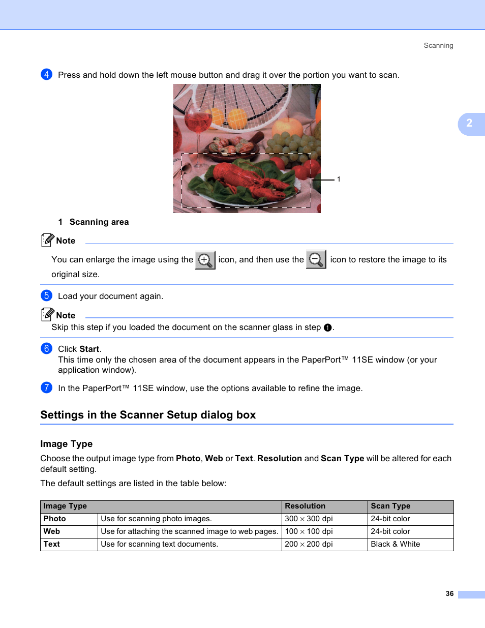 Settings in the scanner setup dialog box, Image type | Brother MFC 8480DN User Manual | Page 44 / 229