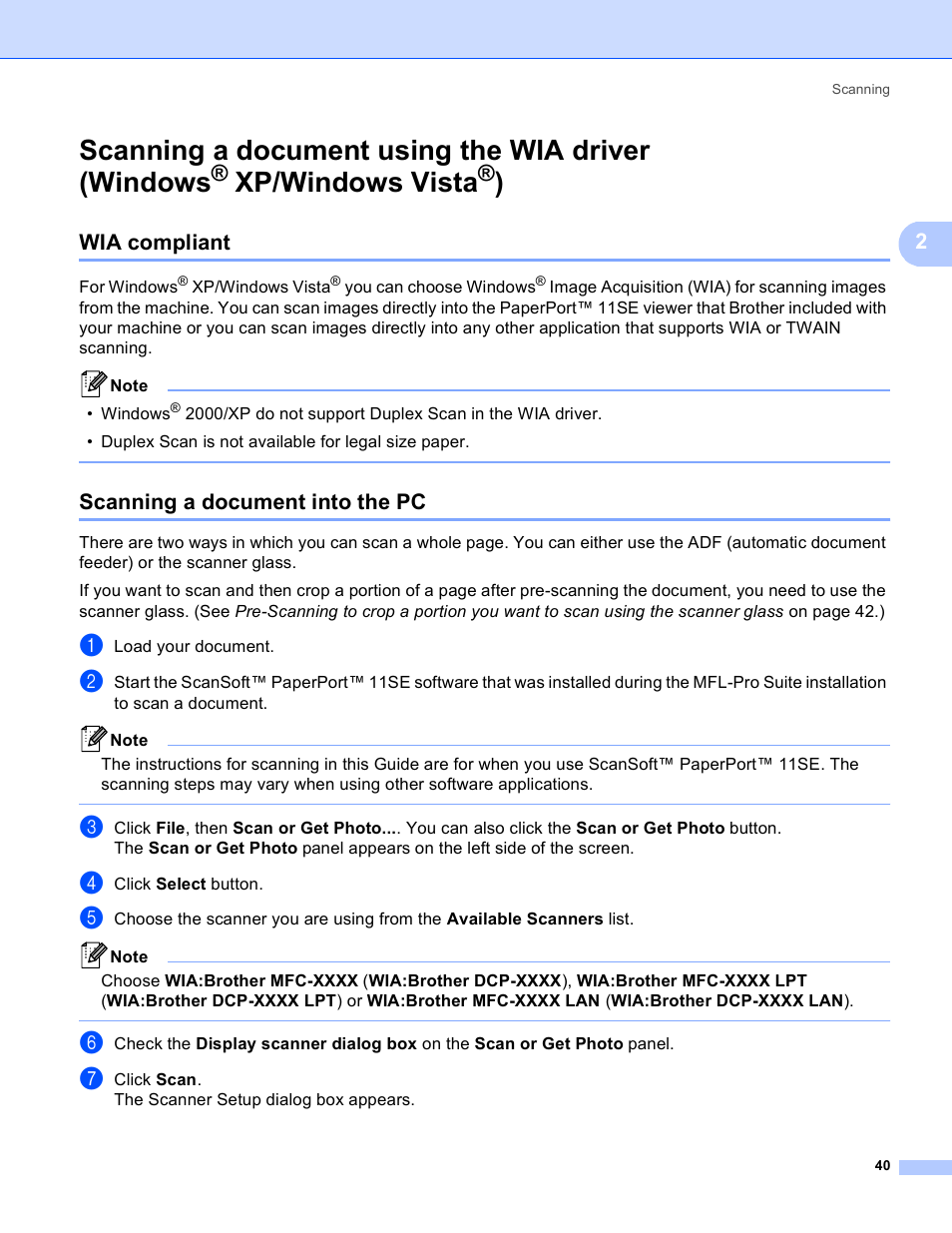 Wia compliant, Scanning a document into the pc, Scanning a document using the wia driver (windows | Xp/windows vista, Wia compliant scanning a document into the pc, Scanning a, Document using the wia driver (windows | Brother MFC 8480DN User Manual | Page 48 / 229