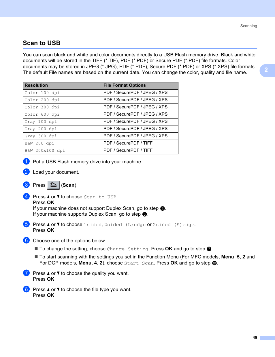 Scan to usb, 2scan to usb | Brother MFC 8480DN User Manual | Page 57 / 229