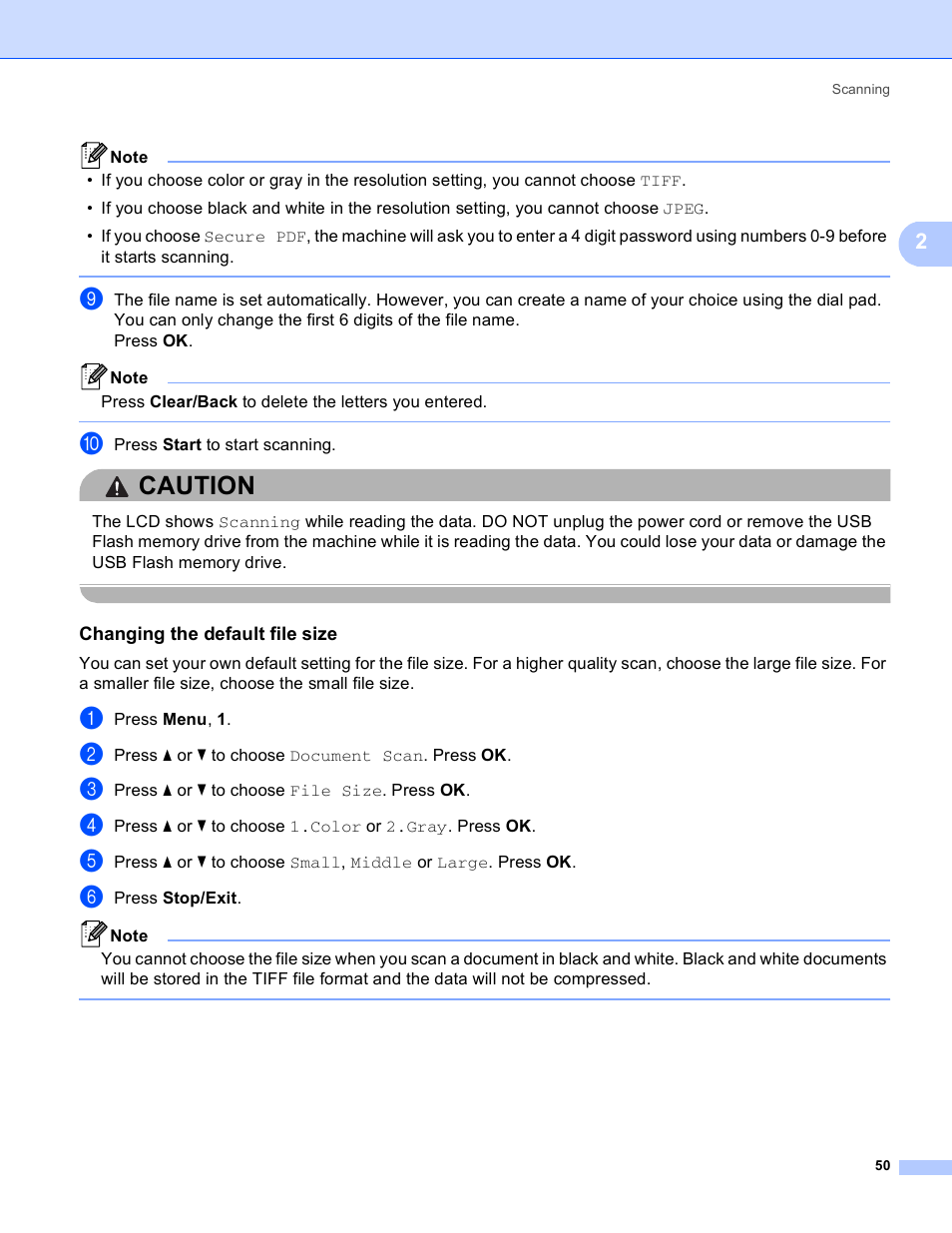 Changing the default file size, Caution | Brother MFC 8480DN User Manual | Page 58 / 229