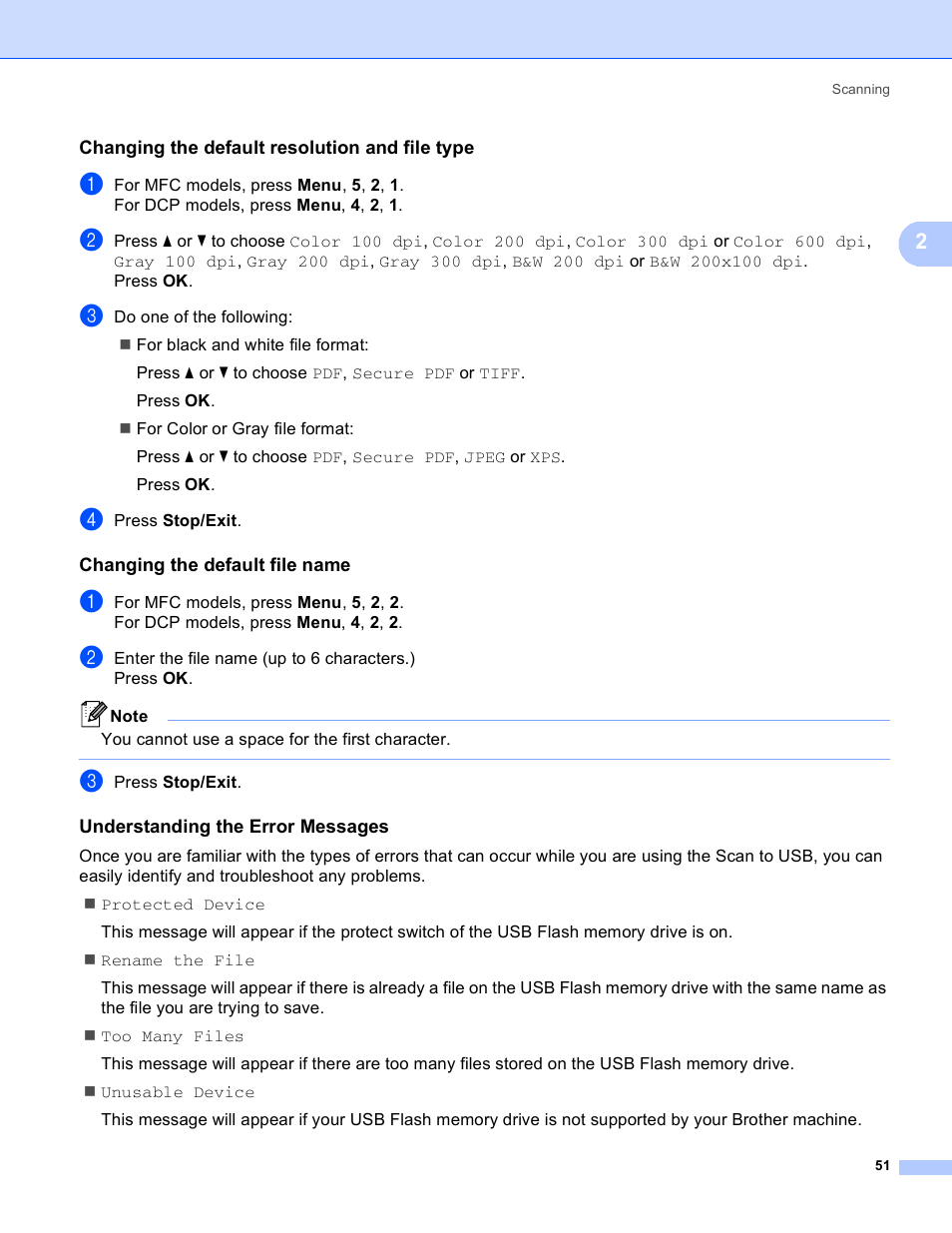 Changing the default resolution and file type, Changing the default file name, Understanding the error messages | Brother MFC 8480DN User Manual | Page 59 / 229