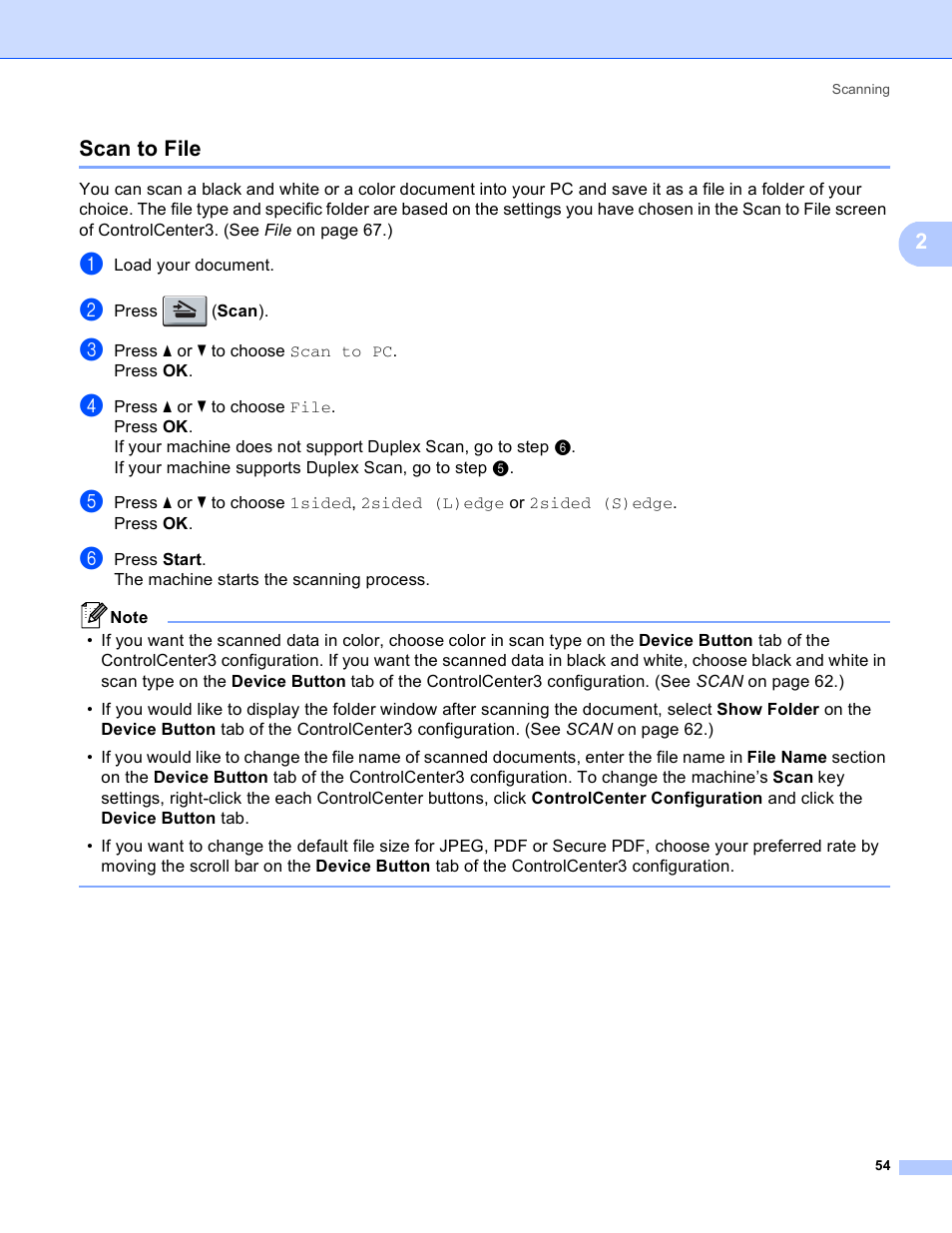 Scan to file, 2scan to file | Brother MFC 8480DN User Manual | Page 62 / 229