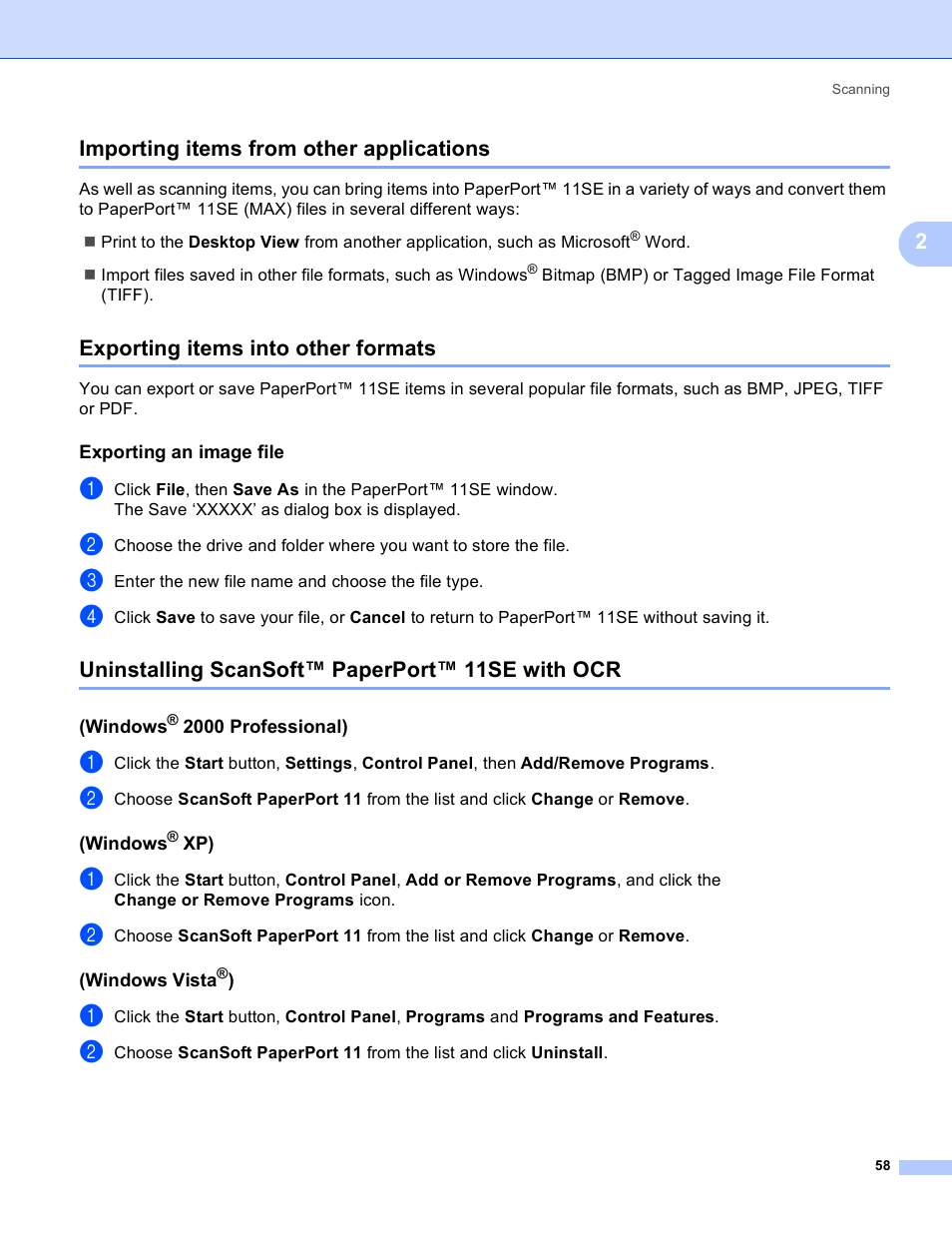 Importing items from other applications, Exporting items into other formats, Exporting an image file | Uninstalling scansoft™ paperport™ 11se with ocr, Windows® 2000 professional), Windows® xp), Windows vista®), 2importing items from other applications | Brother MFC 8480DN User Manual | Page 66 / 229