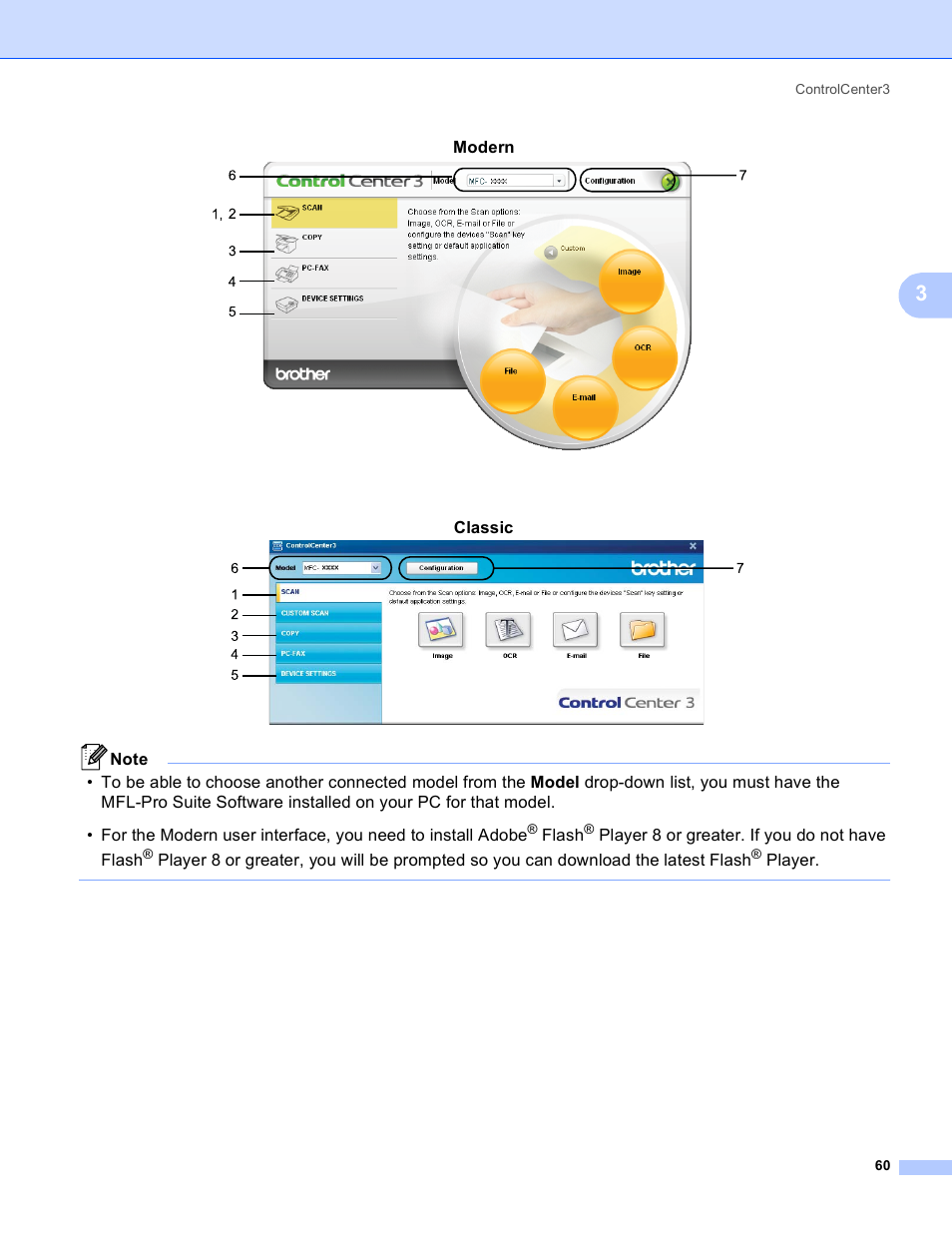 Modern, Classic, Flash | Player 8 or greater. if you do not have flash, Player | Brother MFC 8480DN User Manual | Page 68 / 229