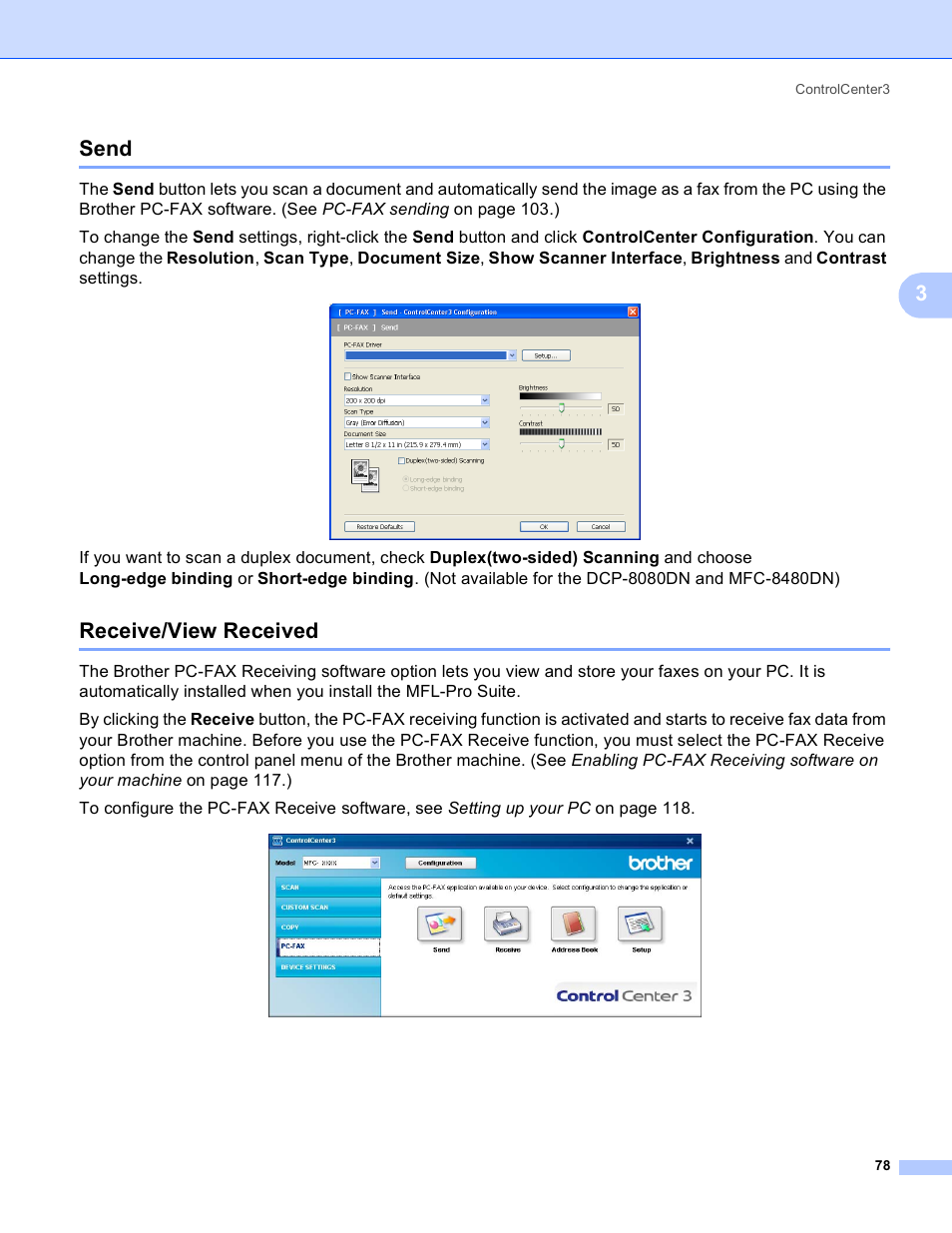 Send, Receive/view received, Send receive/view received | 3send | Brother MFC 8480DN User Manual | Page 86 / 229