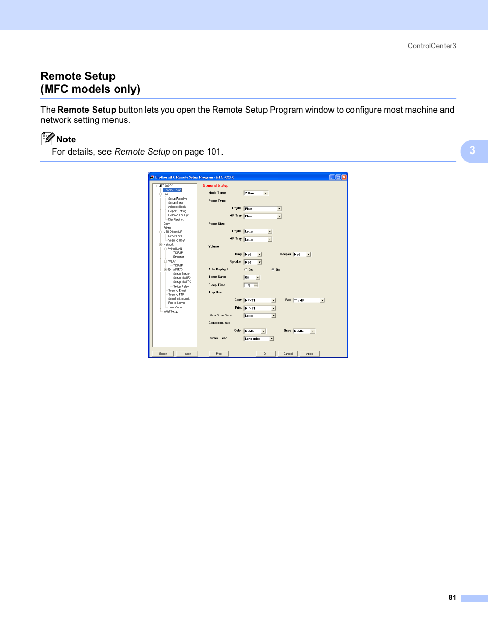 Remote setup (mfc models only), 3remote setup (mfc models only) | Brother MFC 8480DN User Manual | Page 89 / 229