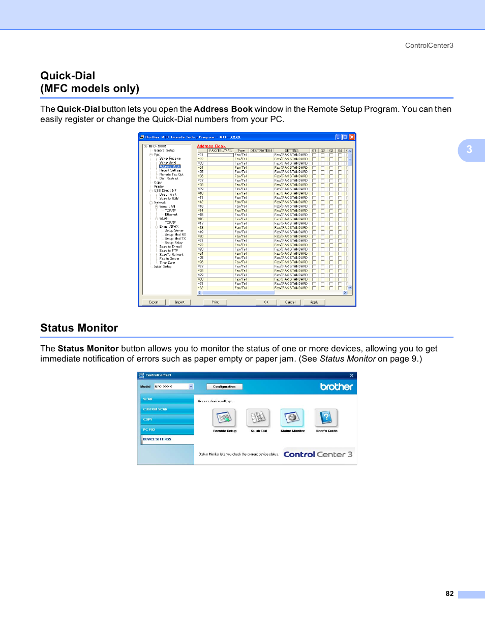 Quick-dial (mfc models only), Status monitor, Quick-dial (mfc models only) status monitor | 3quick-dial (mfc models only) | Brother MFC 8480DN User Manual | Page 90 / 229