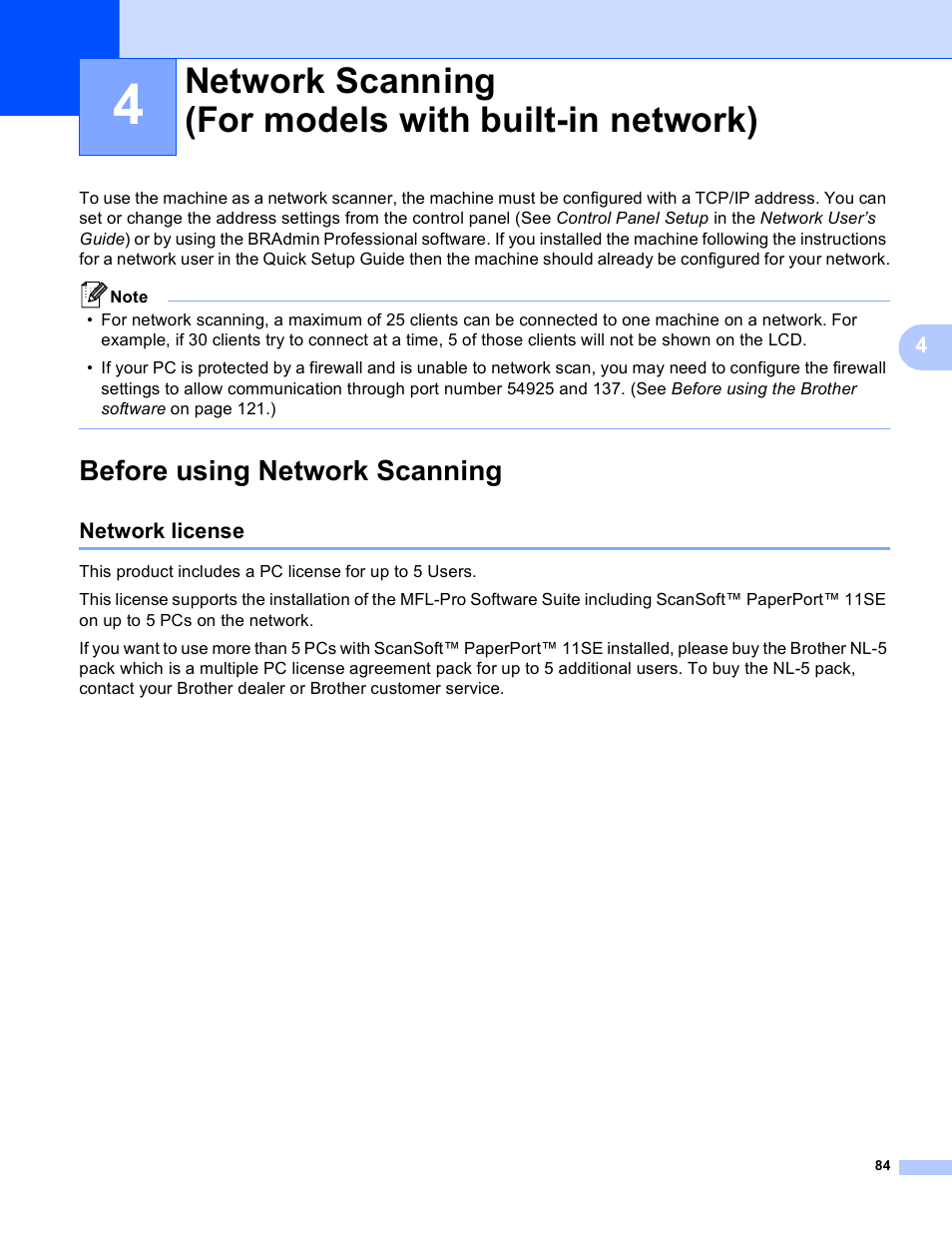 Before using network scanning, Network license | Brother MFC 8480DN User Manual | Page 92 / 229