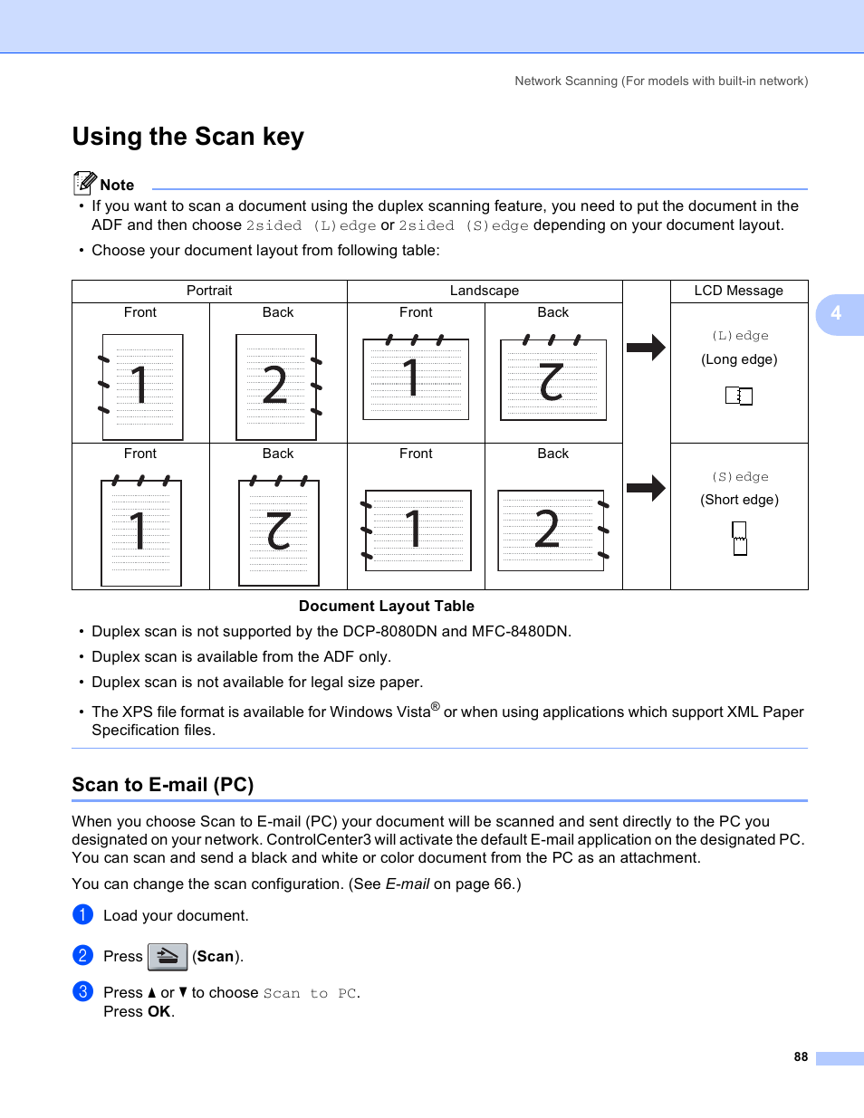 Using the scan key, Scan to e-mail (pc) | Brother MFC 8480DN User Manual | Page 96 / 229